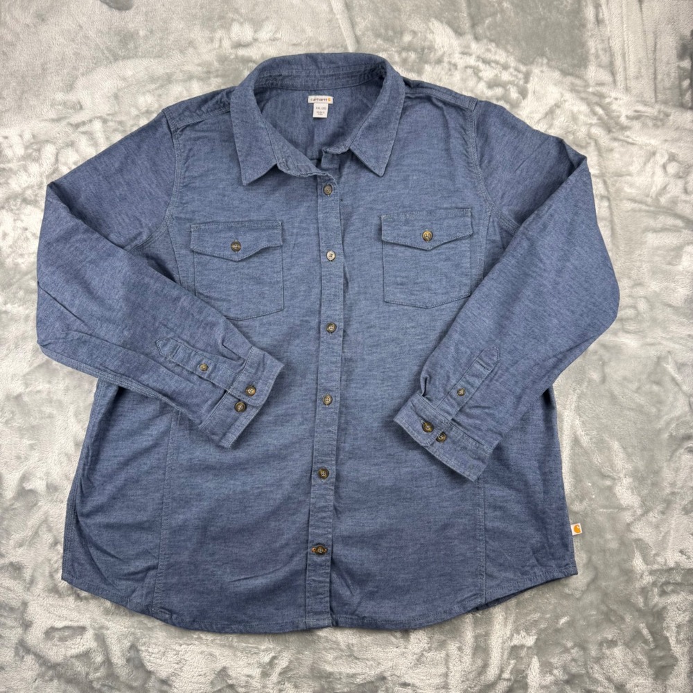 Carhartt Mens XXL Blue Long Sleeve Button Up Stretch Work Shirt Chambray